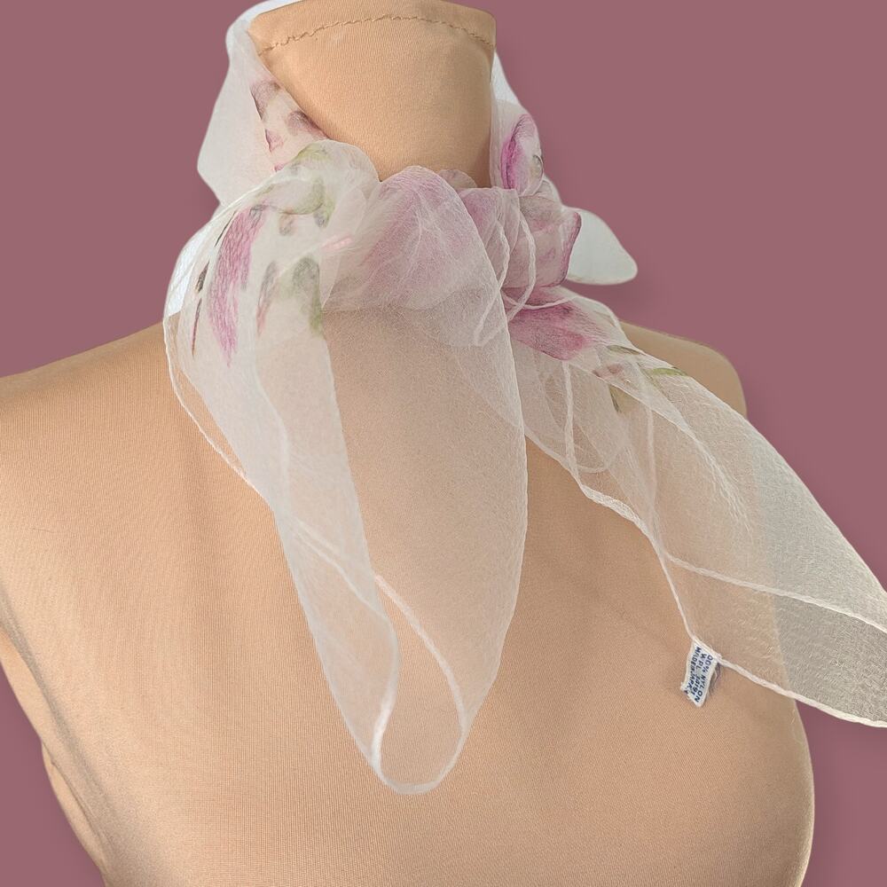 Midcentury Nylon Chiffon Scarf with Purple flowers